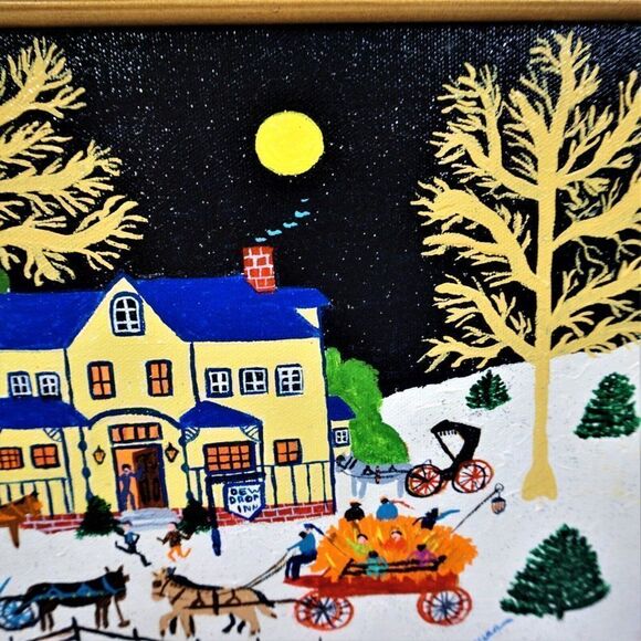 Folk Art Painting Naive Primitive Americana Vintage Art Naif Signed On Canvas - Picture 6 of 11
